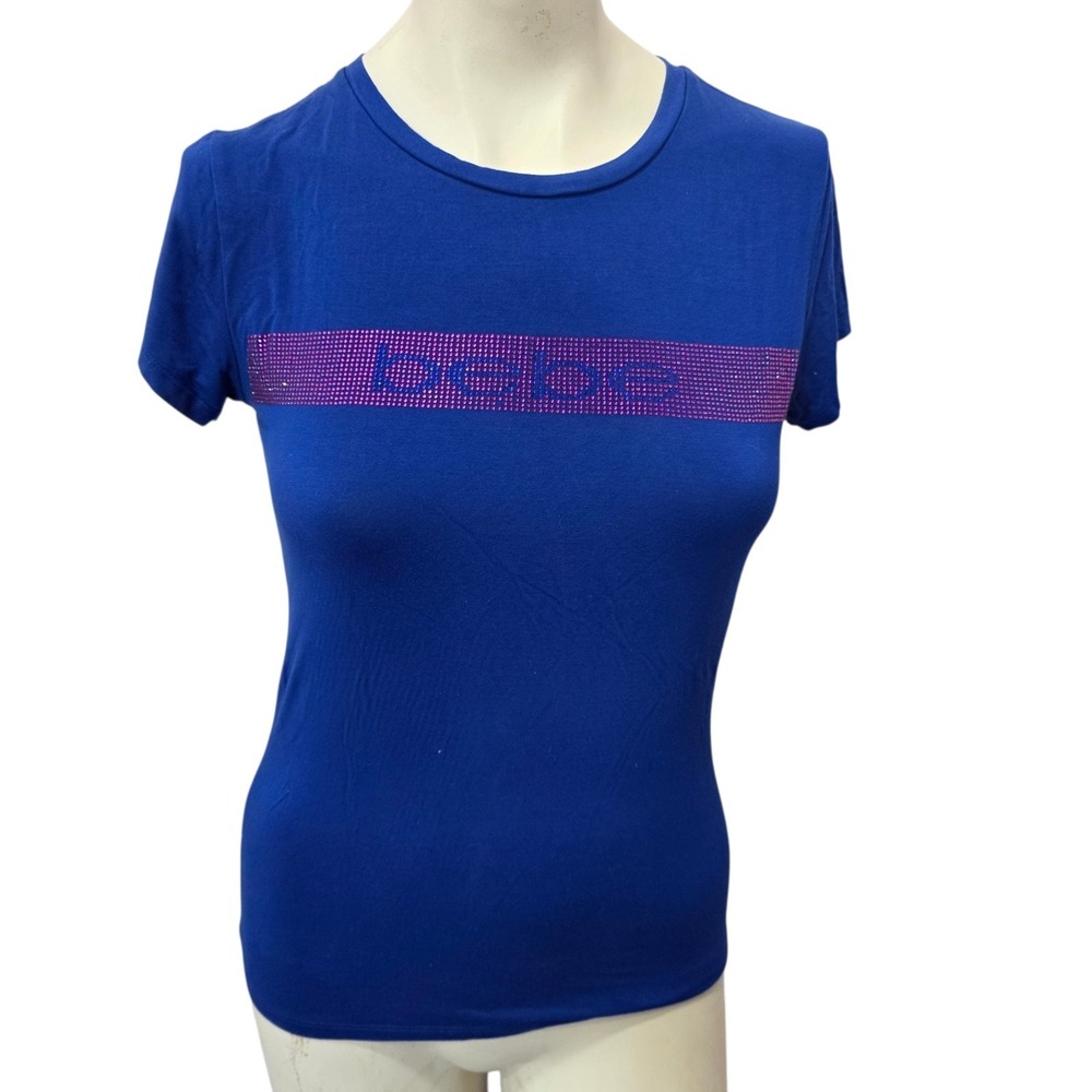 Bebe Blue Rhinestone Logo Tee Women's Medium Stretch Short Sleeve Graphic Top